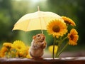 a little mouse with a small yellow umbrella looks at the marigold flowers