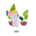 Little Mouse Walking Past Houseplant as English Language Preposition for Educational Activity Vector Illustration