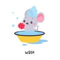 Little Mouse Washing in Basin Demonstrating English Verb for Educational Activity Vector Illustration