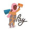 Little Muslim Girl in Hijab Paying with Plastic Card as Verb Expressing Action for Kids Education Vector Illustration