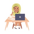 Little Muslim Girl Pupil Sitting at Copybook and Laptop Engaged in Elementary Education Vector Illustration Royalty Free Stock Photo