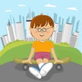 Little nerd boy sitting on a skateboard in park in front of downtown Royalty Free Stock Photo