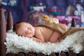 Little newborn baby boy, sleeping in wooden baby bed with little chick Royalty Free Stock Photo