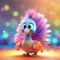 Little nice turkey, Cute Baby Animal forward looking on purple bokeh background. Happy smiling young little turkey