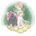 Little night fairy on golden flower and black unicorn