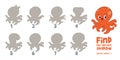 Little Octopus. Find the correct shadow. Find 2 same objects. Educational game for children Royalty Free Stock Photo