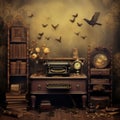 Whimsical Aetherclockpunk: A Dreamlike Scene With Typewriter, Books, And Birds