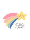 Little one unique hand lettering quote. Hand drawn smiling star with rainbow. Cute kids nursery icon. Baby shower