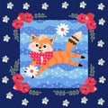 Little orange kitten playing with daisy flower. Cute patchwork pattern. Luxury collection