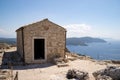 The little orthodox church on ton of the hill in the Aggelokastro castle, Corfu, Greece
