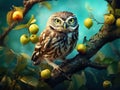 Ai Generated illustration Wildlife Concept of Little Owl in an apple tree Royalty Free Stock Photo