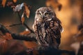 Little owl (Athene noctua) sitting on a branch in autumn forest Generative AI