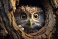 Little owl (Athene noctua) looking out of hole in tree, A curious owl with wide eyes peeping from the hollow of an ancie