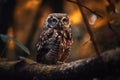 Little owl (Athene noctua) sitting on a branch in autumn forest Generative AI