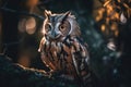 Little owl (Athene noctua) sitting on a branch in autumn forest Generative AI