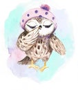 Small owl in a pink cap with a pumpon watercolor illustrtion print to decorate children`s clothing and children`s rooms