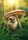 Little owl under mushroom Royalty Free Stock Photo