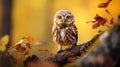 Little owl (Athene noctua) sitting on dry autumn tree. Autumn forest in background. Little owl portrait. Owl