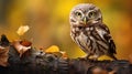Little owl (Athene noctua) sitting on dry autumn tree. Autumn forest in background. Little owl portrait. Owl