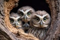 Little owls in a nest, close-up, selective focus, A family of owls peering out from their tree hollow, AI Generated Royalty Free Stock Photo