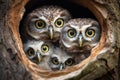 Little owls sitting in a hole in the trunk of a tree, A family of owls peering out from their tree hollow, AI Generated Royalty Free Stock Photo