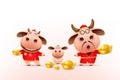 Little ox family holding chinese gold red cheongsam dress character zodiac cartoon
