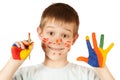 Funny little painter with stained coloured hand Royalty Free Stock Photo