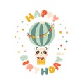 Little panda on a hot air balloon. Happy birthday bubble inscription. A cute festive cartoon character in a simple