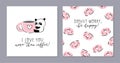 Little panda - set of cards. Cute panda character hugging a  giant cup and text- I love you more than coffee. Scattered donut Royalty Free Stock Photo