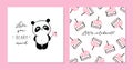 Little panda - set of cards. Cute panda character and text- Love you beary much. Scattered cake illustrations and phrase - Let`s