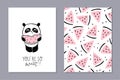 Little panda - set of cards with watermelon. Cute panda character eating watermelon with hand-lettered phrase - you are so sweet. Royalty Free Stock Photo