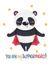 Little Panda Super Hero flying with a red cape Royalty Free Stock Photo