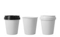 Little paper coffee cups with black and white lids. Open and closed small paper cup. Realistic vector mockup.