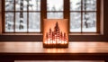 Little paper lamp with tree decorations on winter window sill with copy space