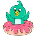The little parakeet is hiding in the cream donut hole, doodle icon image kawaii