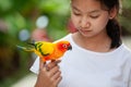 Little parrot birds standing on woman hand. Asian teenager girl play with her pet parrot bird with fun and love Royalty Free Stock Photo