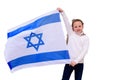 Little patriot jewish girl with flag Israel isolated on white background.