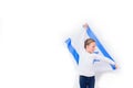 Little patriot jewish girl with flag Israel on white background.