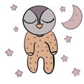 The little penguin goes to bed, the baby penguin goes to bed,the baby penguin sleeps, in a polka-dot jumpsuit ,with the moon, whic