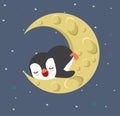 Little penguin sleep with moon in space