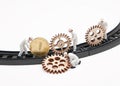 Little people dolls with gears and coin on rails