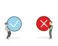 Little people holding true and false sign. Positive and negative feedback concept. Yes or No icons flat design style. Cartoon Vect