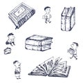 Little people kids reading book, library, children education sketch vector illustration. Hand drawn boys standing near