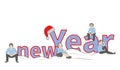 Little people near the inscription of the new year. concept of New Year`s holidays. illustration.