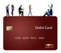 Little people are seen on their cell phones standing and sitting on the top edge of a huge credit card