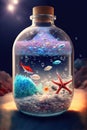 A little piece of marine ecosystem inside a bottle at the bottom of the sea. Generative AI