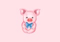 Little pig and blue bow. Simbol Happy Chinese New Year. Isolated on pink