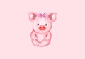 Little pig and pink bow. Simbol Happy Chinese New Year. Isolated on pink