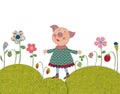 Little pig walking on flowering meadow