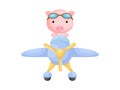 Little pig wearing aviator goggles flying an airplane. Funny baby character flying on plane for greeting card, baby shower,